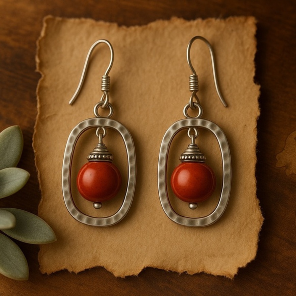 Premier Designs IGNITE Earrings – Hammered Silver & Carnelian Red Bead EUC #037